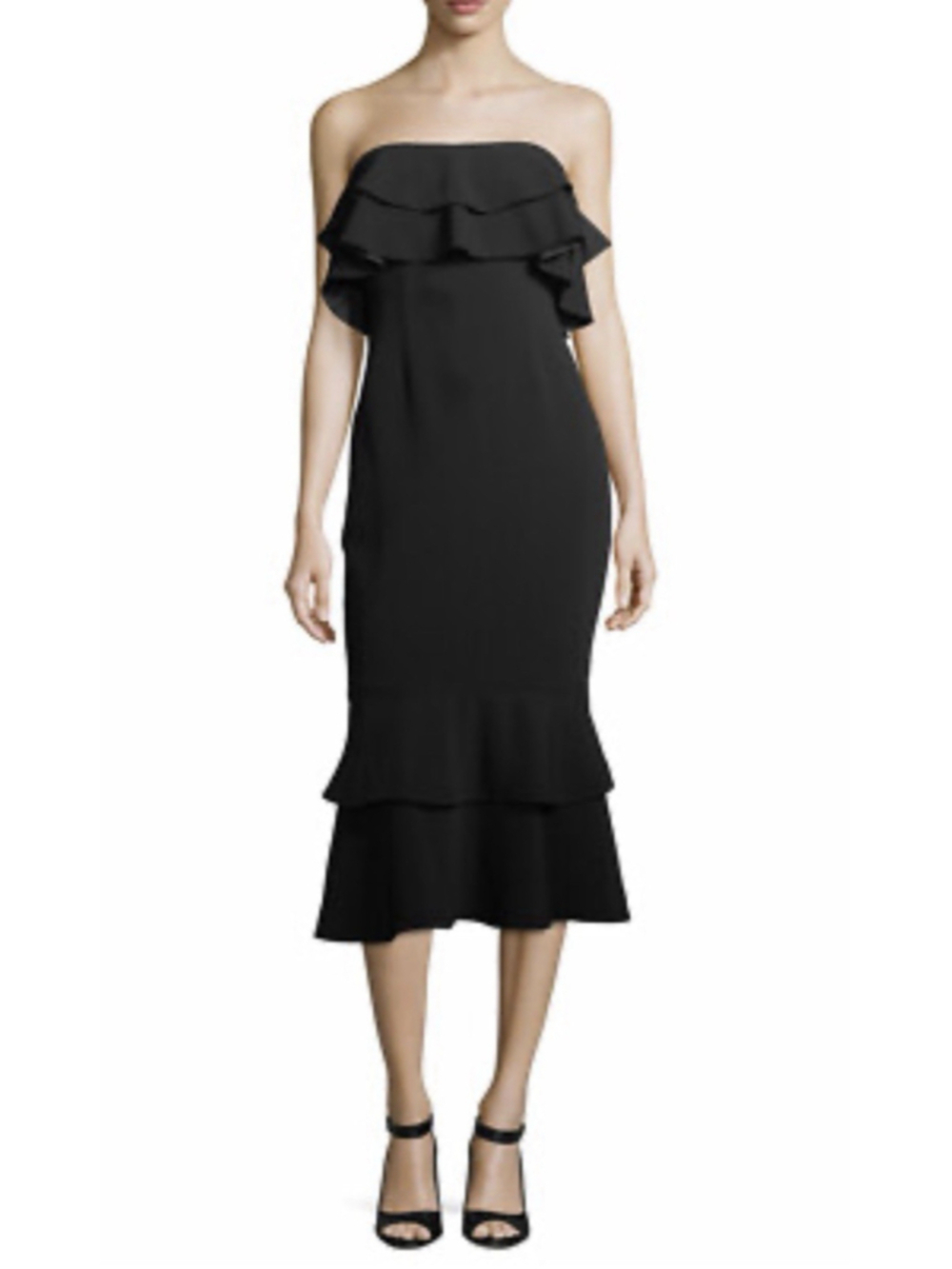 Cinq a Sept Enza Strapless Ruffle Tiered Black Midi Dress Sz 6 Luxury Party $465